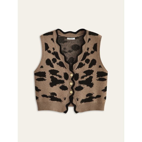 Commense Sweaters - Commense NWT Leopard Print Knit Cardigan Vest Size Medium Brown Black Scalloped